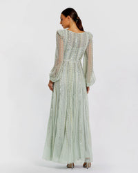 Boat Neck Long Sleeve Gown With Striped Beading - Peach