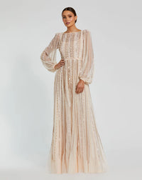 Mac Duggal Pink Boat Neck Long Sleeve Gown With Striped Beading #94081