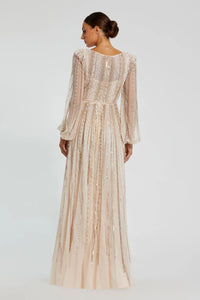 Boat Neck Long Sleeve Gown With Striped Beading - Peach