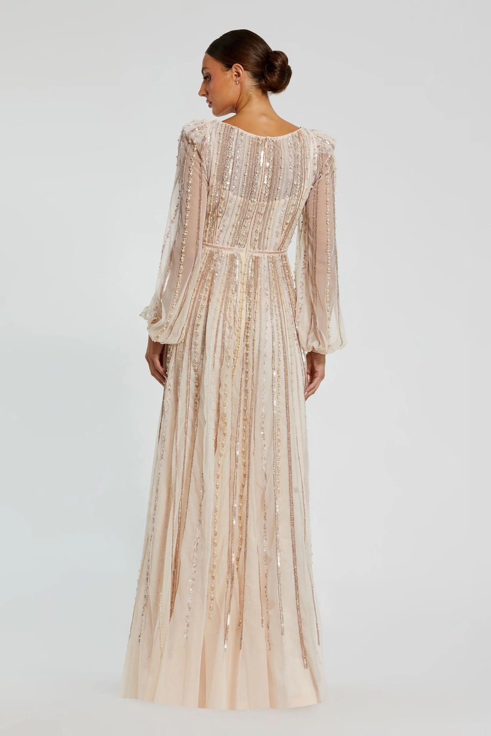 Boat Neck Long Sleeve Gown With Striped Beading - Peach