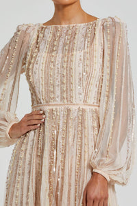 Boat Neck Long Sleeve Gown With Striped Beading - Peach