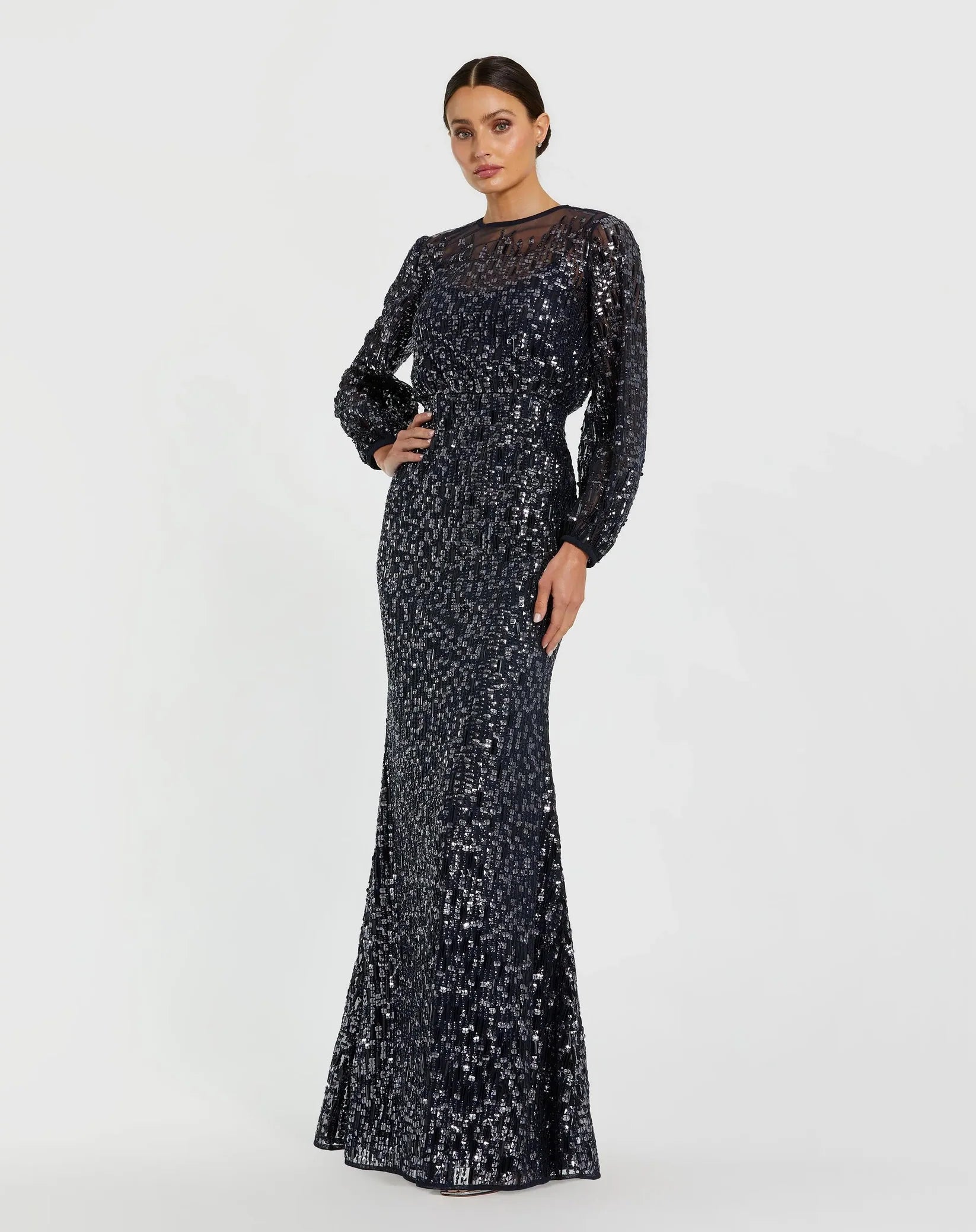 Mac Duggal Navy Sequin Long Sleeve Blouson Evening Gown #94127 Midnight
