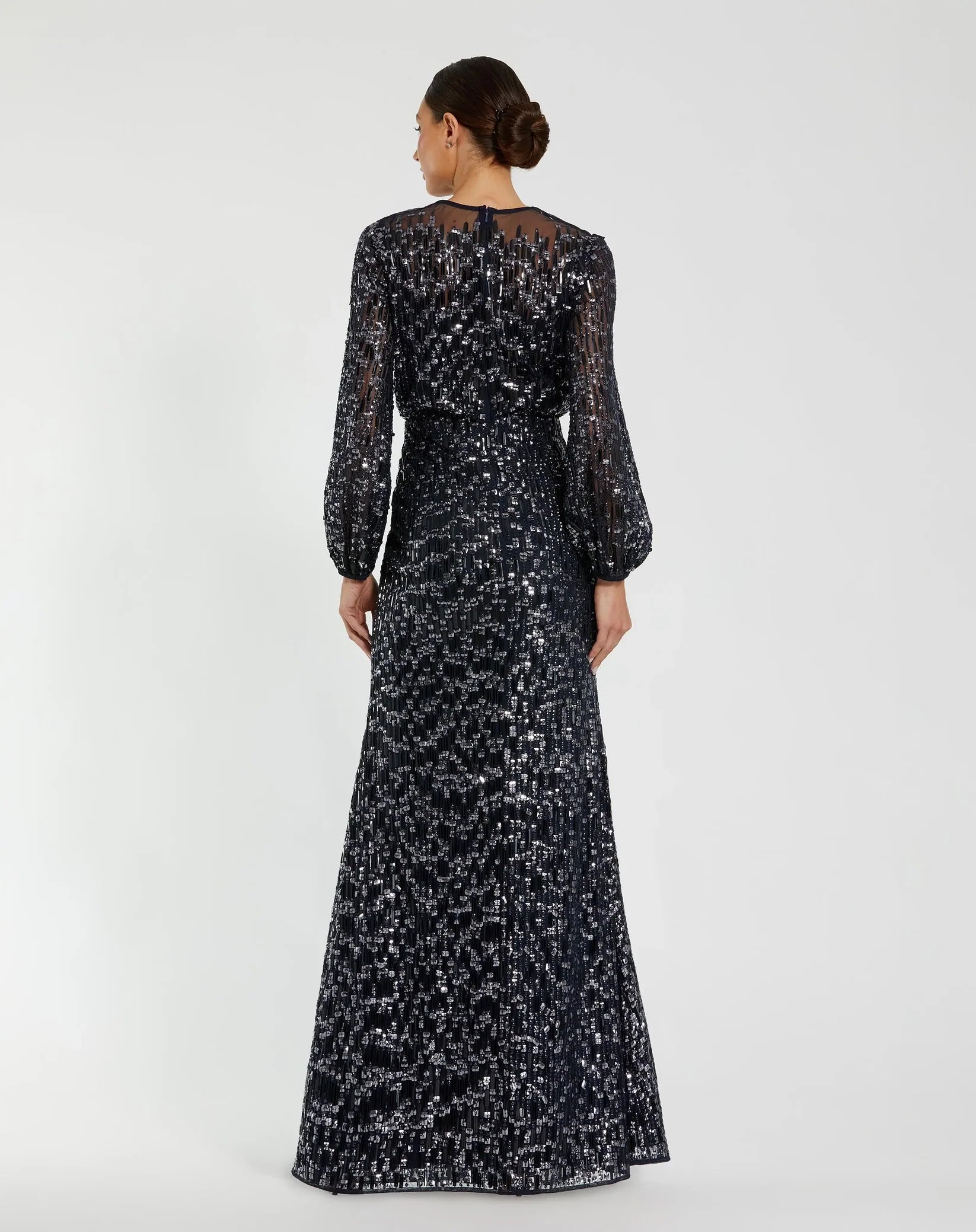 Sequin Long Sleeve Blouson Evening Gown - Navy