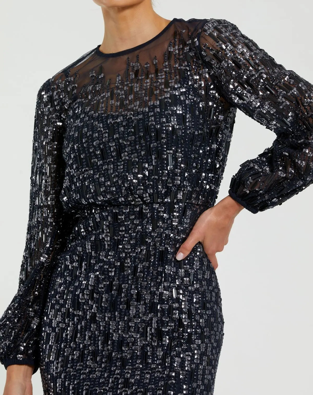 Sequin Long Sleeve Blouson Evening Gown - Navy