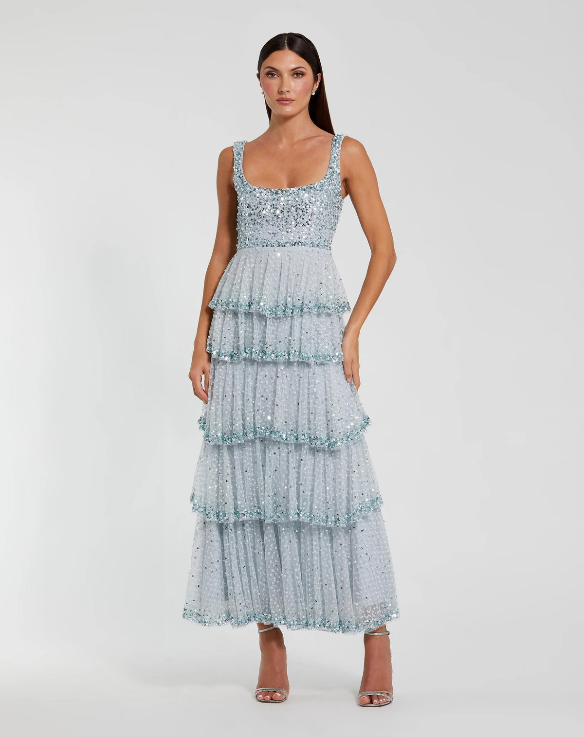 Mac Duggal Blue Embellished Net Tiered Ruffle Scoop Neck Dress Powder Blue #94165