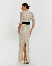 Ivory Embellished Column Gown Velvet Bow Belt - Oyster Black