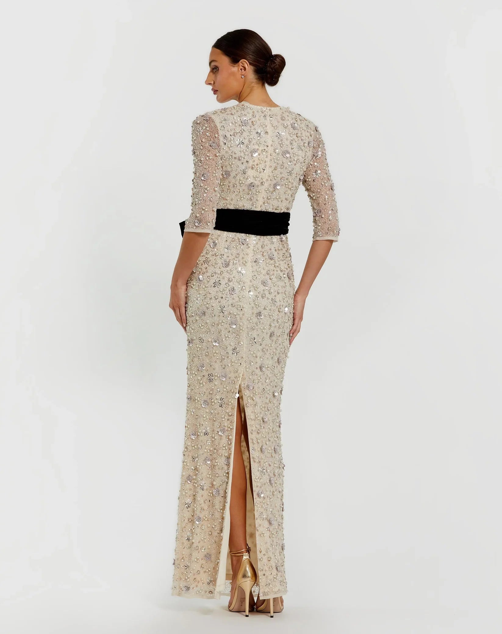 Ivory Embellished Column Gown Velvet Bow Belt - Oyster Black