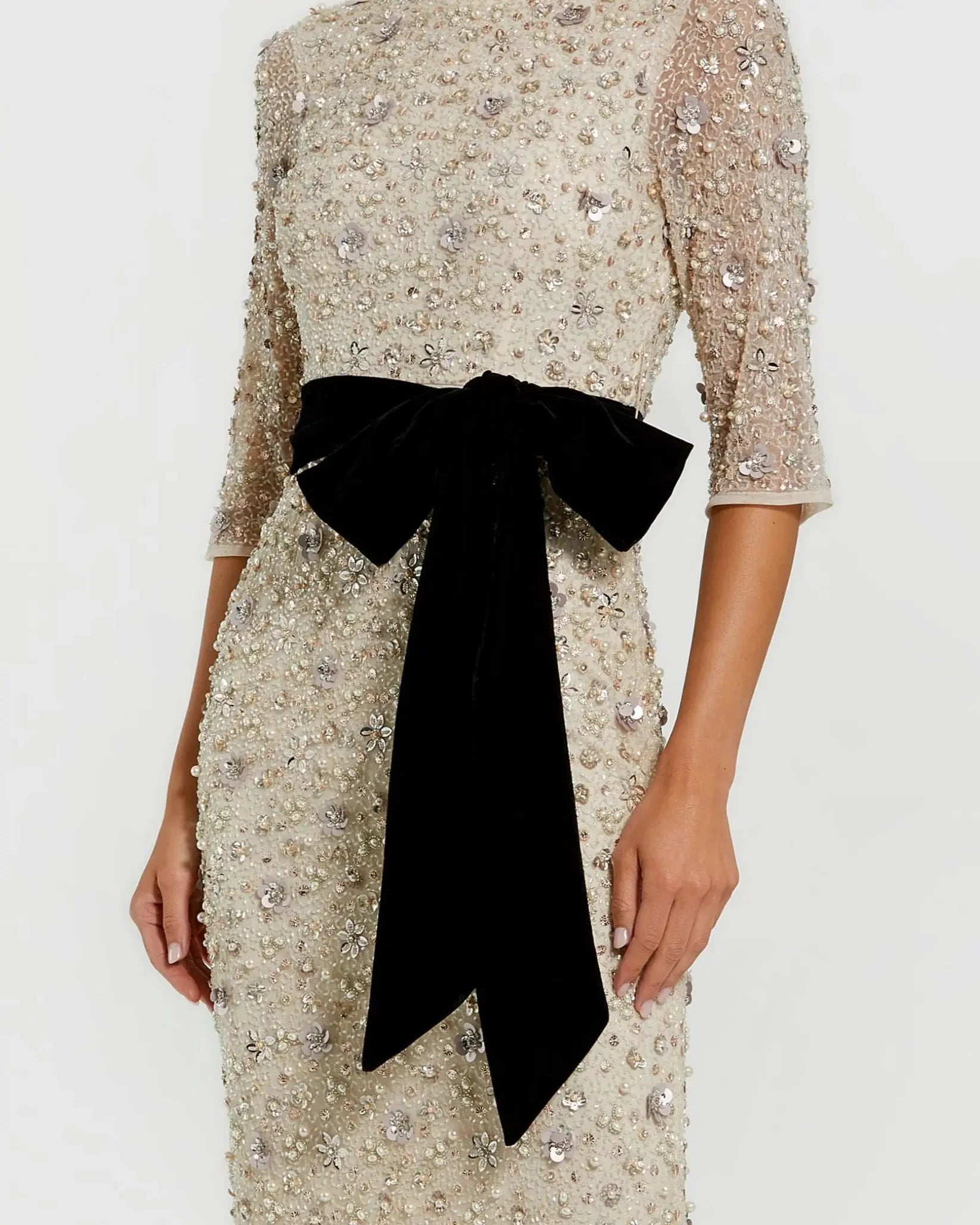 Ivory Embellished Column Gown Velvet Bow Belt - Oyster Black
