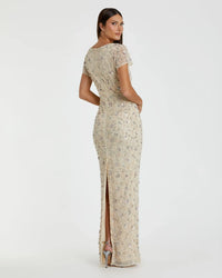 Floral Embellished Mesh Fitted Column Gown - Ivory