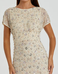 Floral Embellished Mesh Fitted Column Gown - Ivory