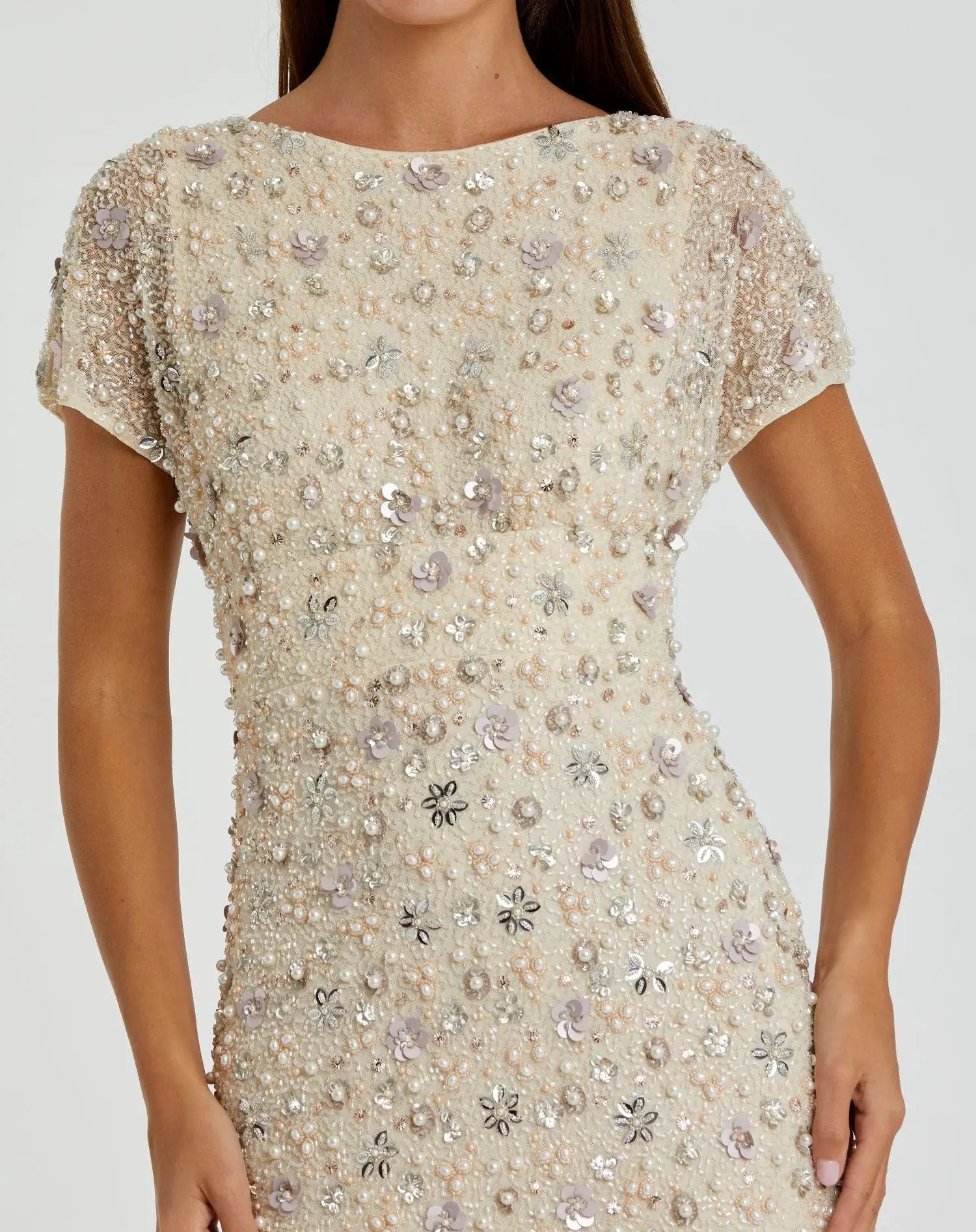 Floral Embellished Mesh Fitted Column Gown - Ivory