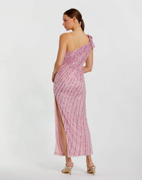 One Shoulder Beaded Mesh Dress With Flower - Orchid
