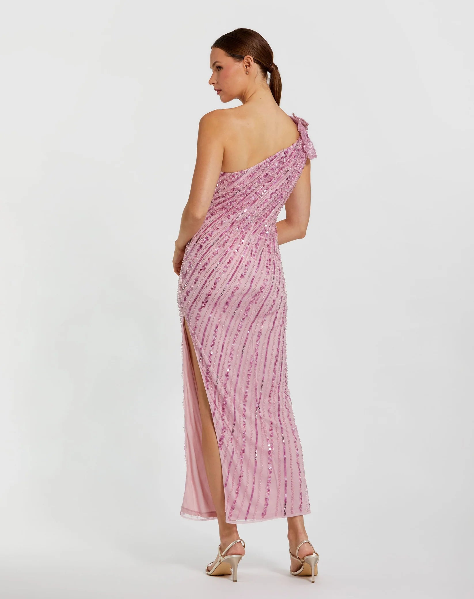 One Shoulder Beaded Mesh Dress With Flower - Orchid