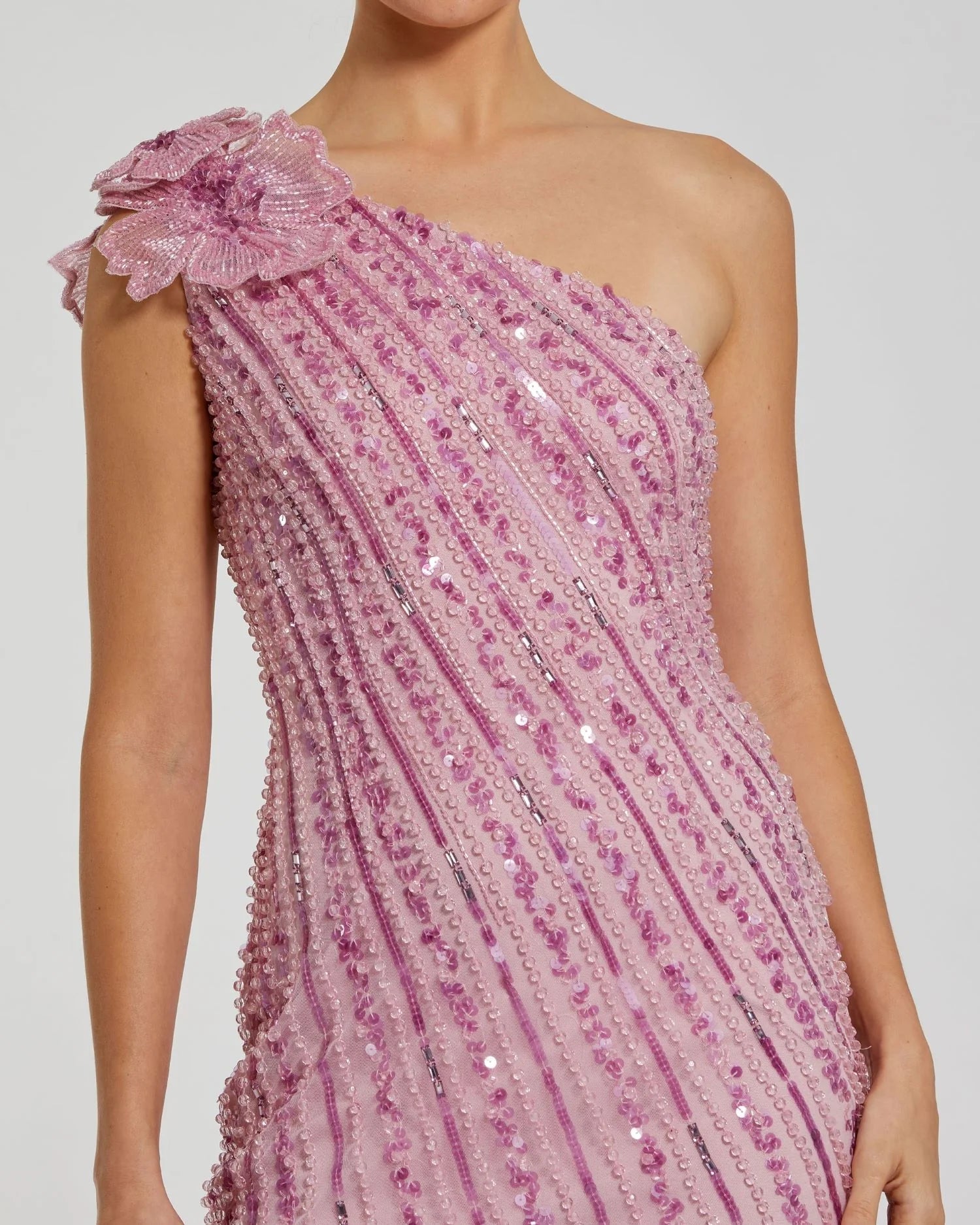 One Shoulder Beaded Mesh Dress With Flower - Orchid