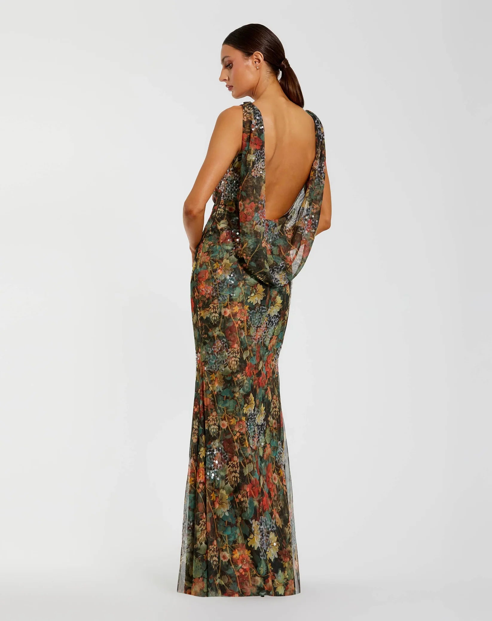 Multicolor Floral Embellished Column Gown - Charcoal