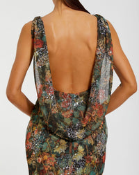 Multicolor Floral Embellished Column Gown - Charcoal