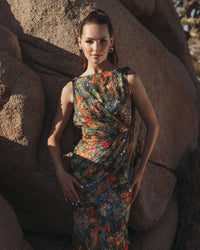 Multicolor Floral Embellished Column Gown - Charcoal