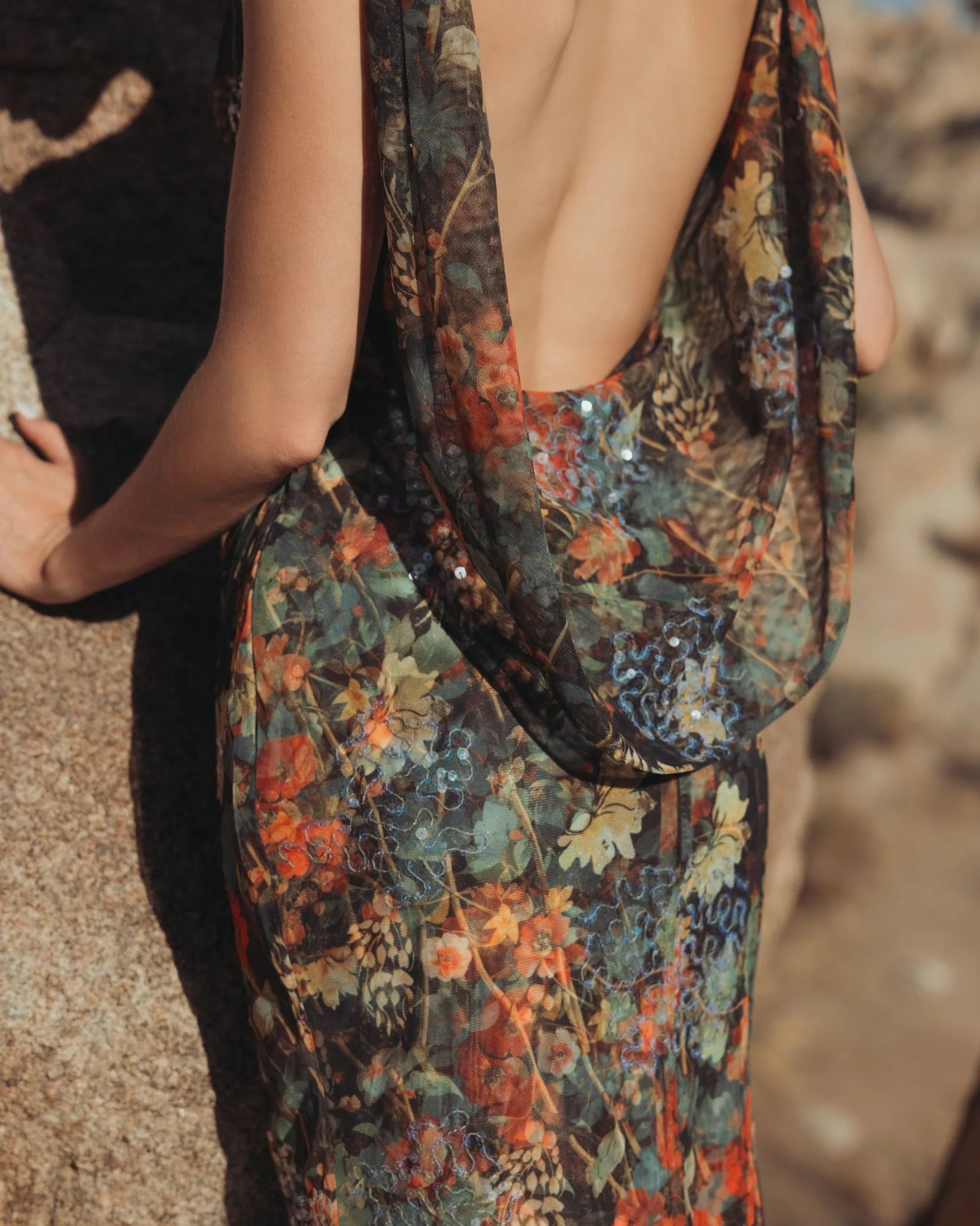 Multicolor Floral Embellished Column Gown - Charcoal