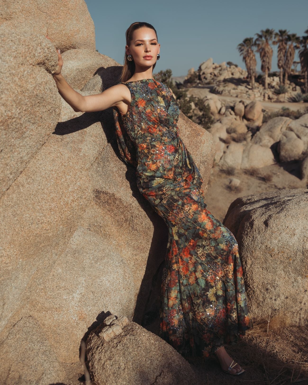 Multicolor Floral Embellished Column Gown - Charcoal