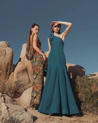 One Shoulder Mermaid Gown with 3D Flowers - Blue