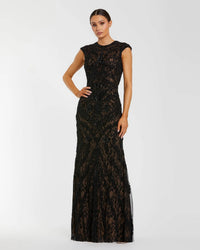 Mac Duggal Black Embellished Lace Cap Sleeve Evening Gown #94276