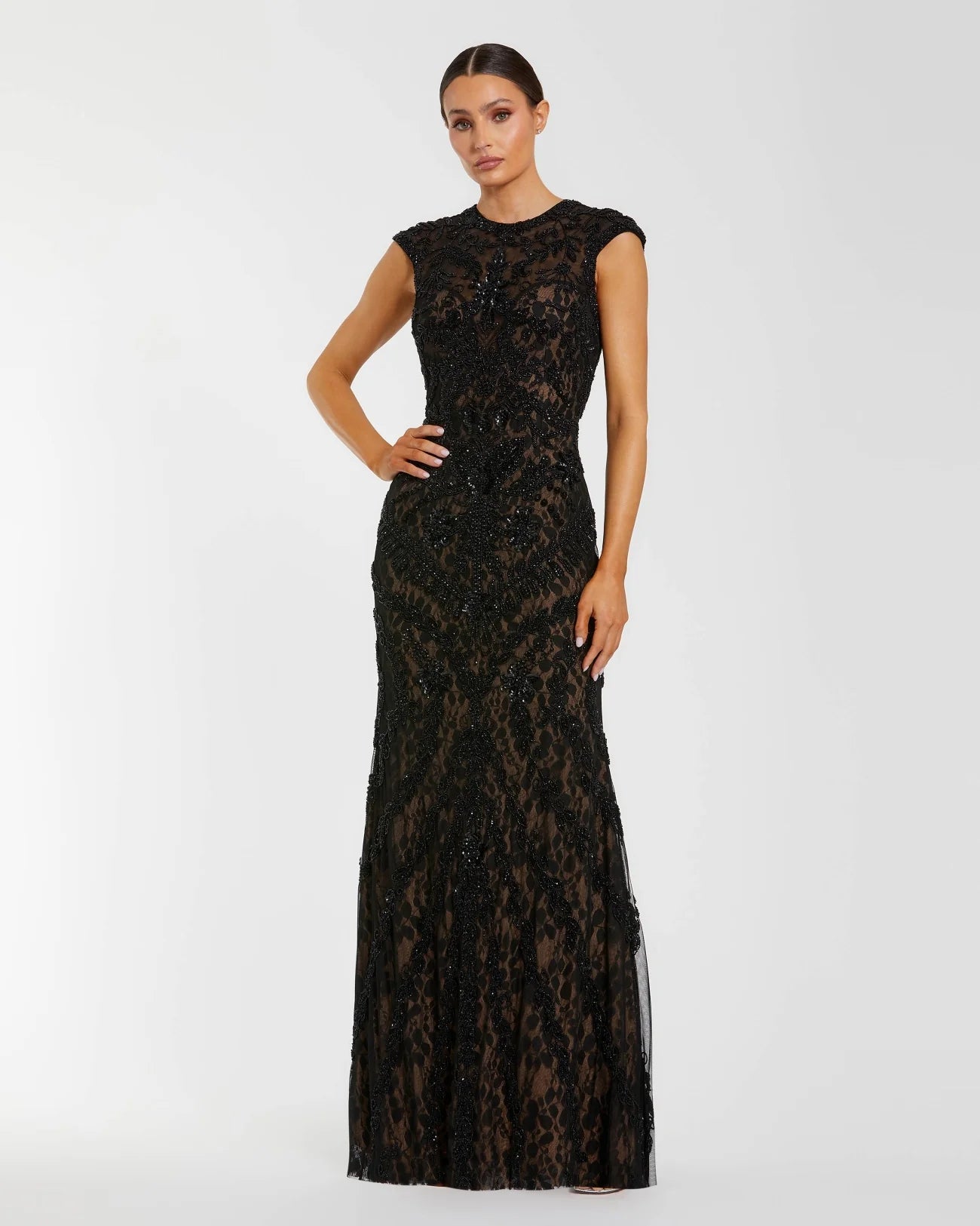 Mac Duggal Black Embellished Lace Cap Sleeve Evening Gown #94276