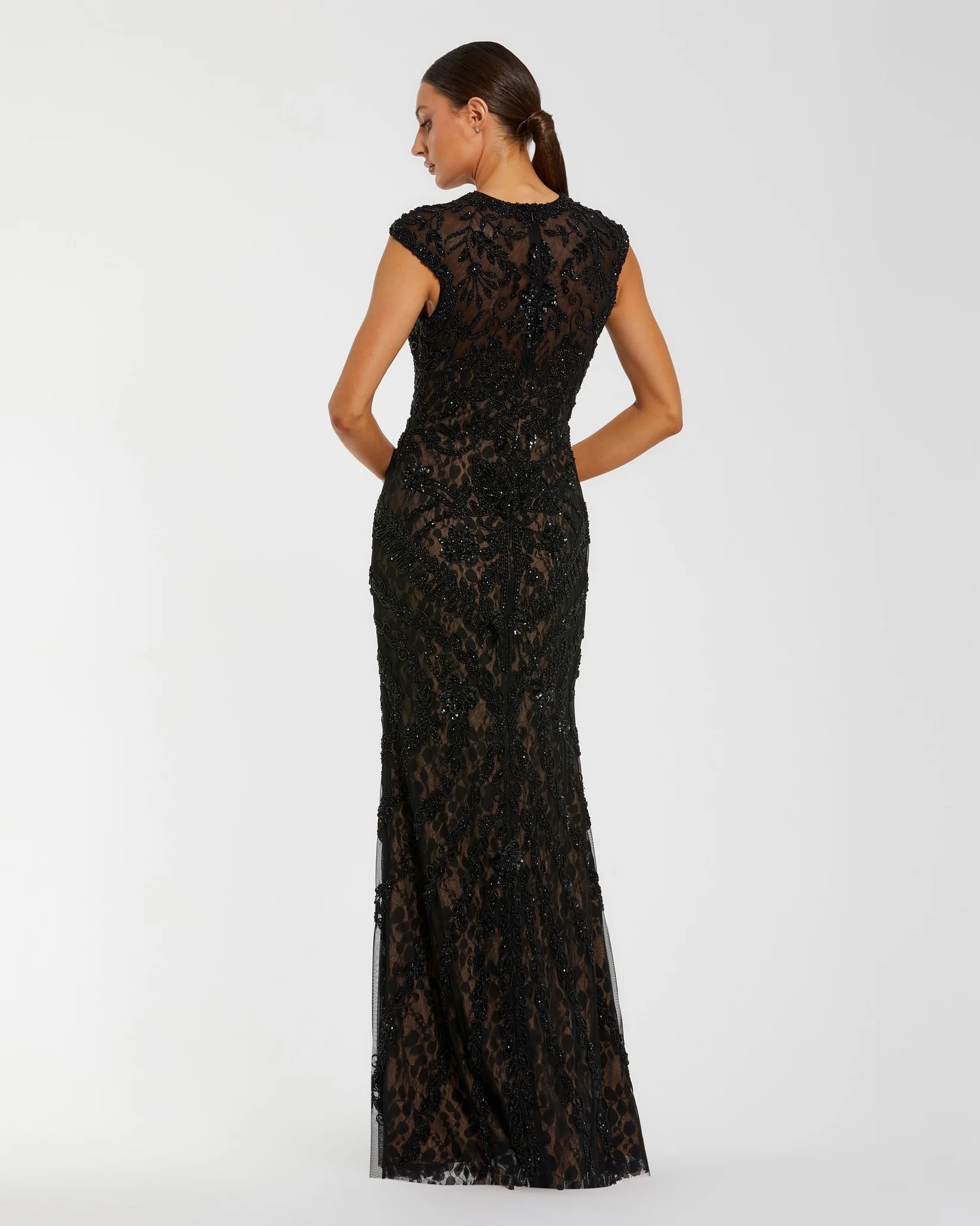 Embellished Lace Cap Sleeve Evening Gown - Black