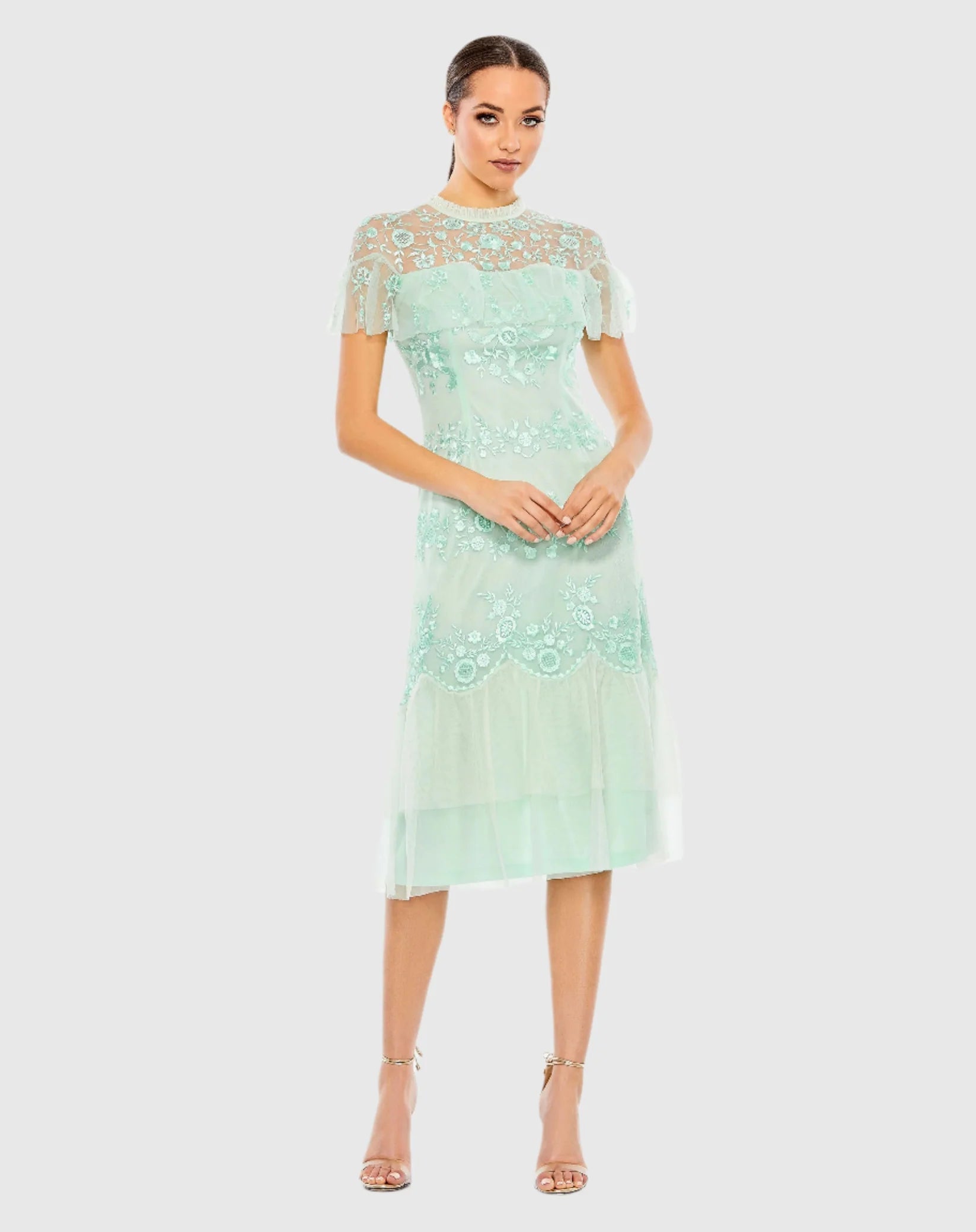 Mac Duggal #A35147 Embroidered Ruffled Cap Sleeve Midi Dress Mint|