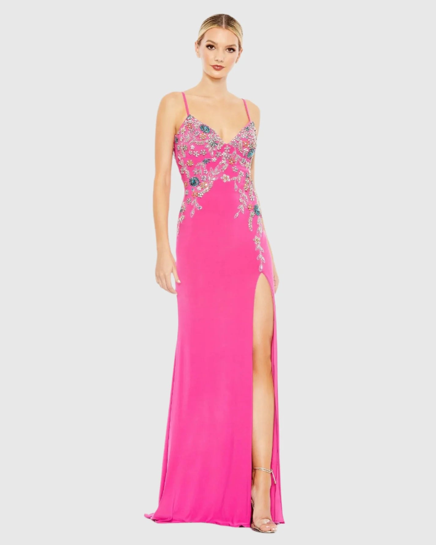 Mac Duggal, Multi Colour Beaded Floral Cami Gown - Candy Pink #A42006