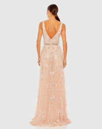 V neck plunge crystal embellished tulle princess gown - Blush