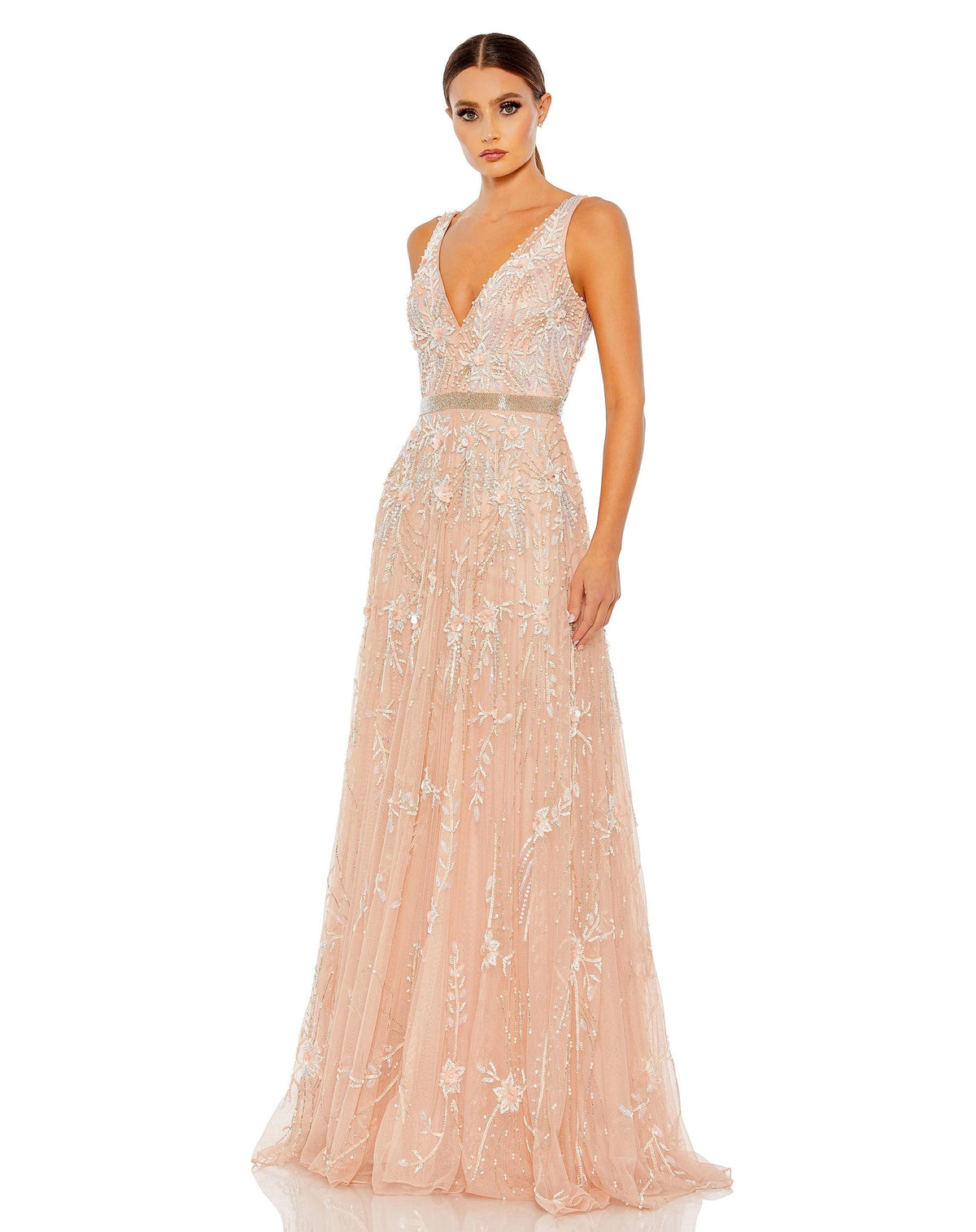 Mac Duggal, V neck plunge crystal embellished tulle princess gown - Blush) | SHAIDE - Shop Women's Dresses Online