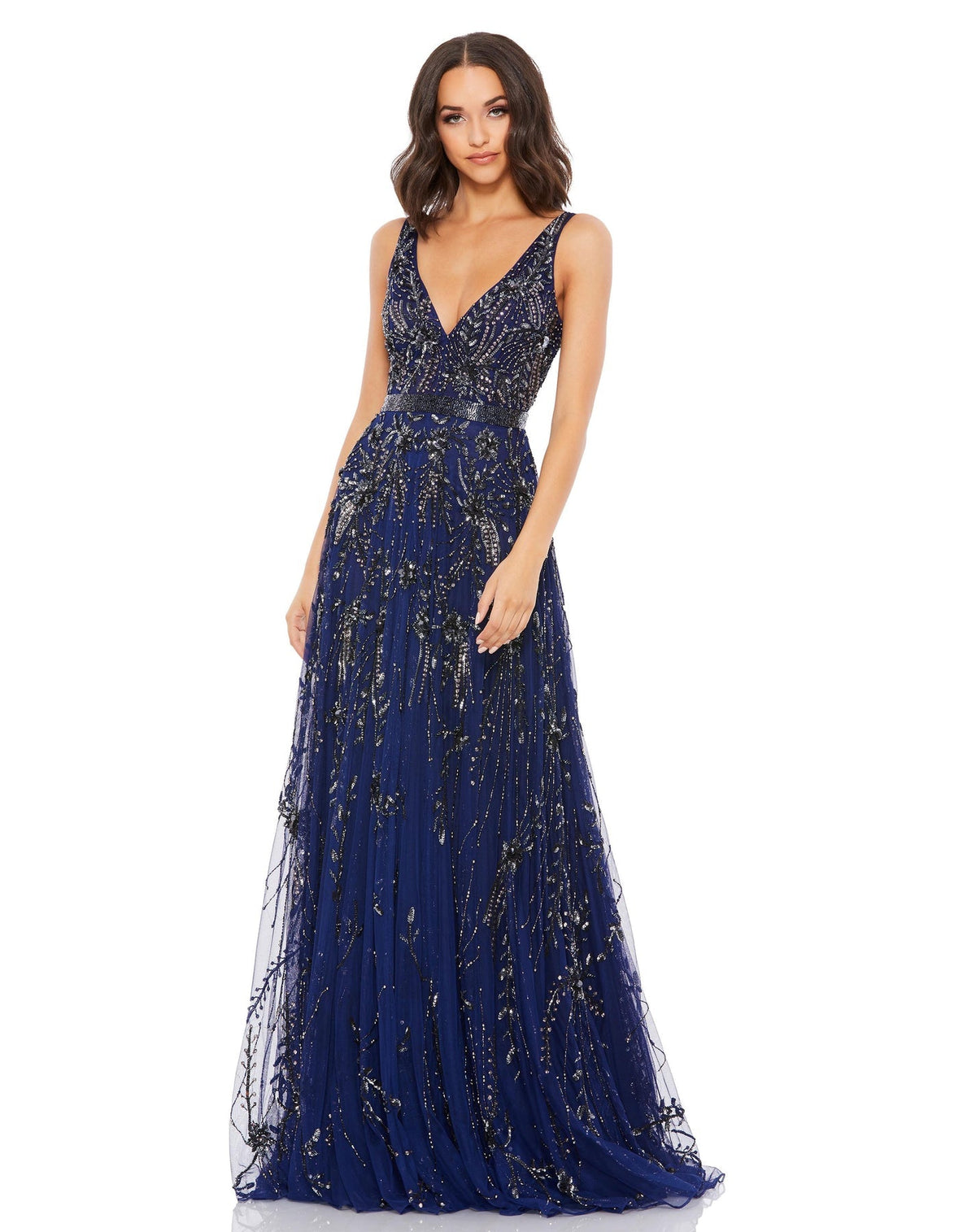 Mac Duggal, V neck plunge crystal embellished tulle princess gown - Blush) | SHAIDE - Shop Women's Dresses Online navy blue
