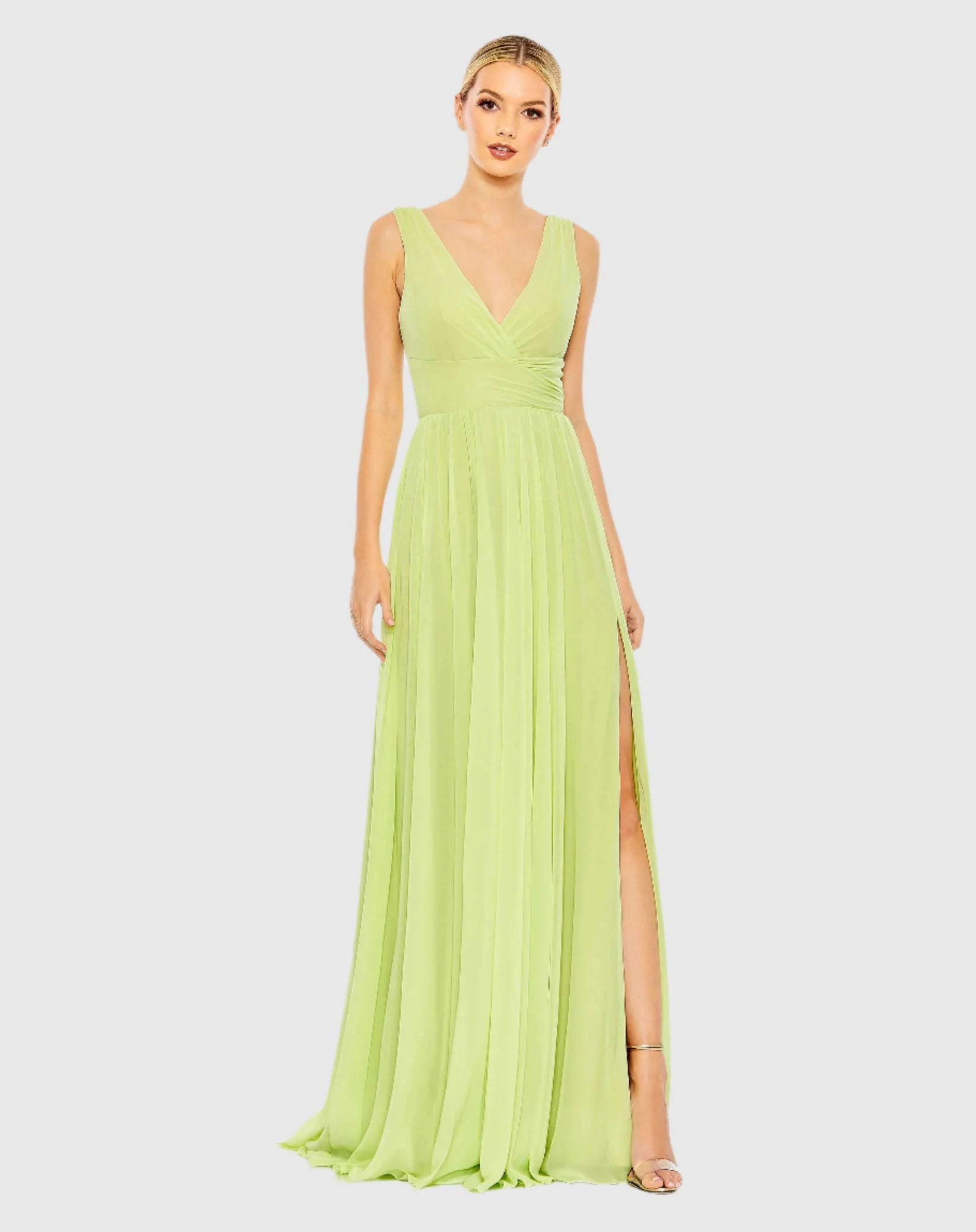 Mac Duggal Chiffon Sleeveless Wrap Over A Line Gown #A55793 Green