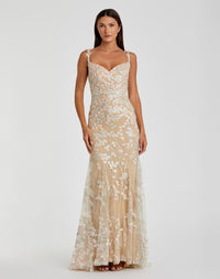 Asymmetric floral embroidered feather gown - Nude