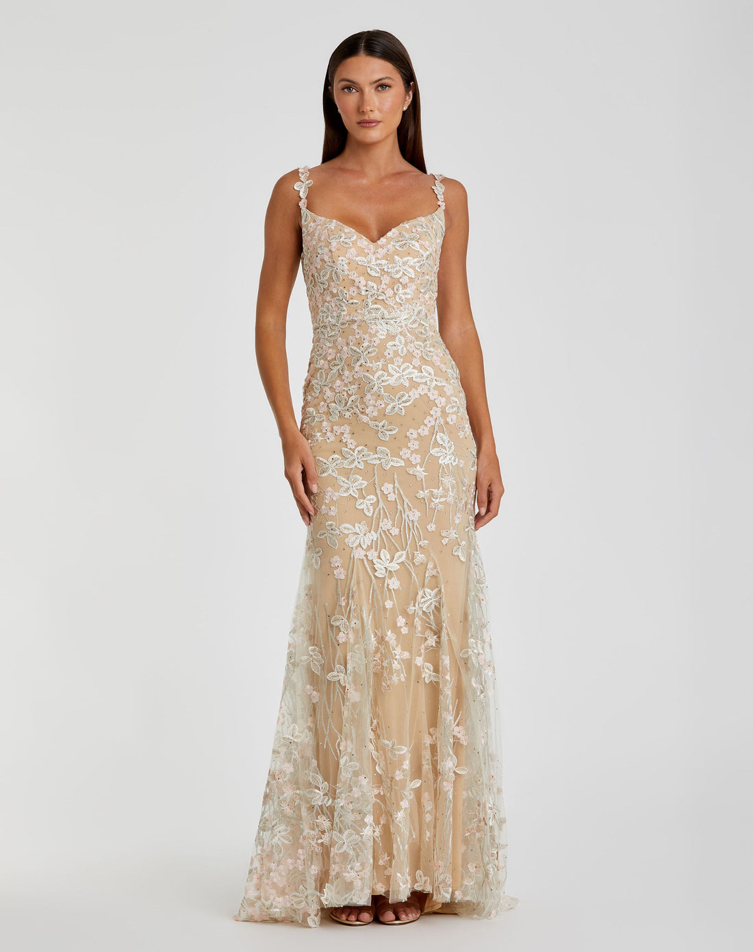 Asymmetric floral embroidered feather gown - Nude