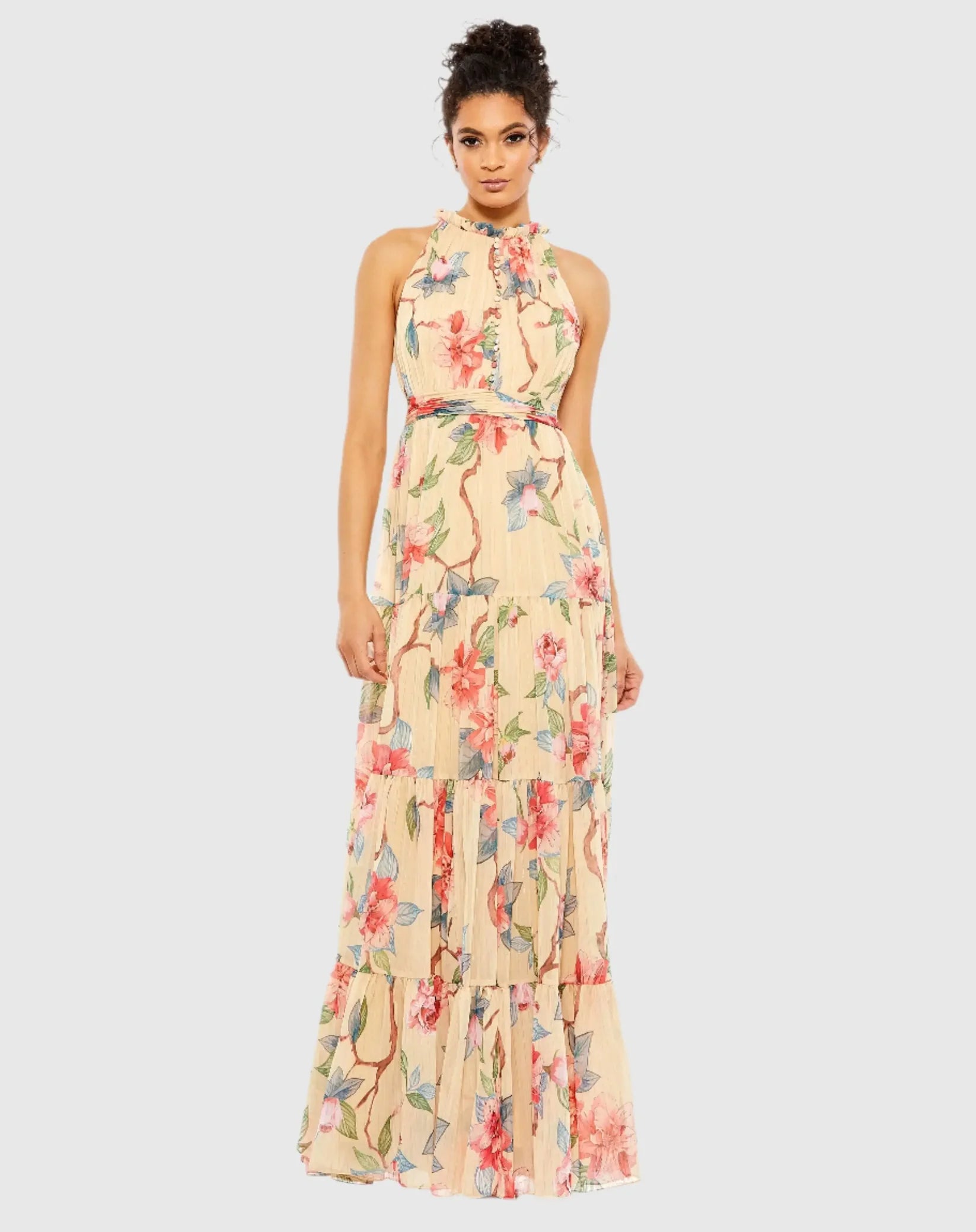 Mac Duggal Beige Floral Button High Neck Maxi Dress Nude Multi #70203