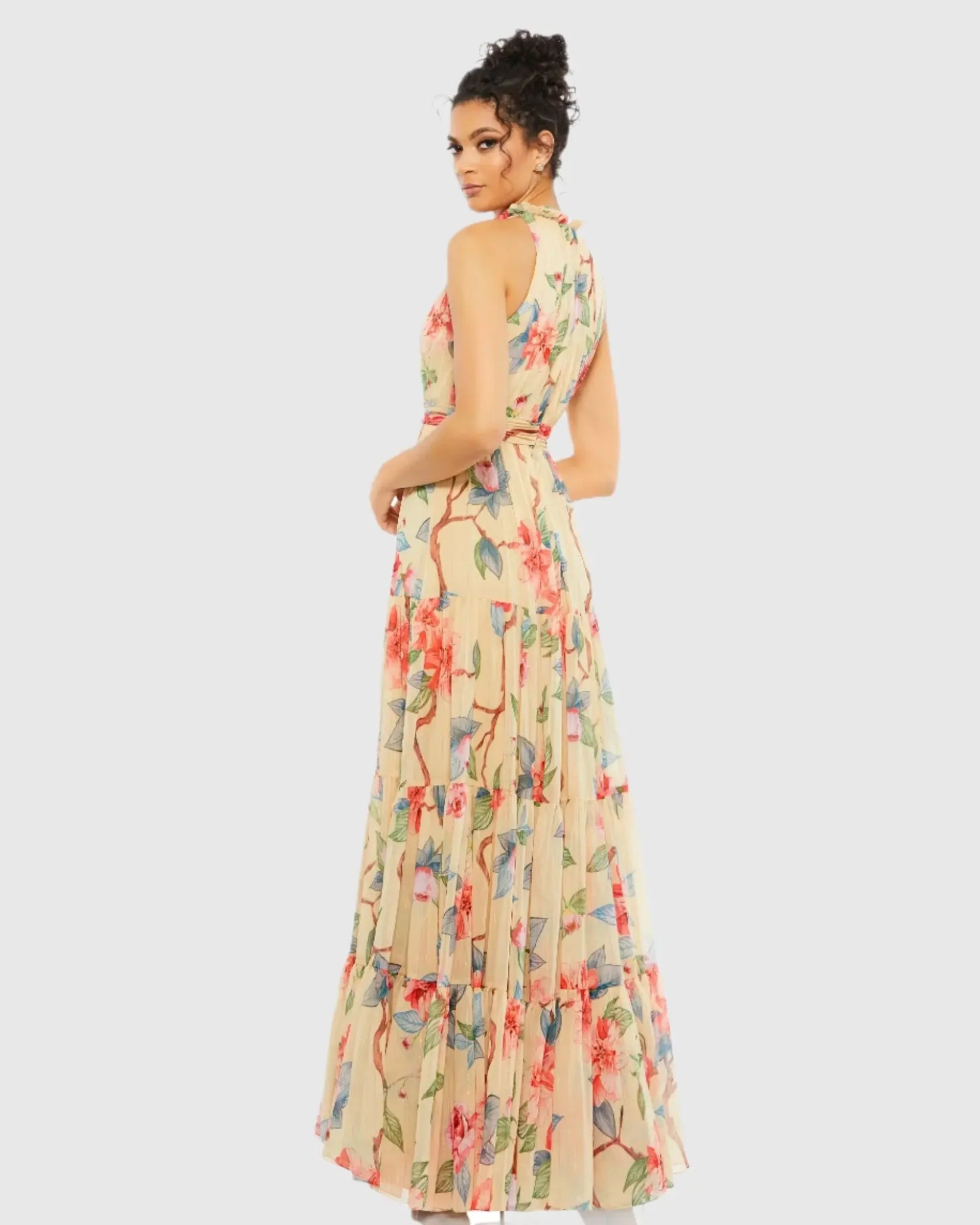 Floral Button High Neck Maxi Dress - Nude