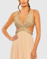 Lace Up Rhinestone Embellished Cut Out Gown - Gold