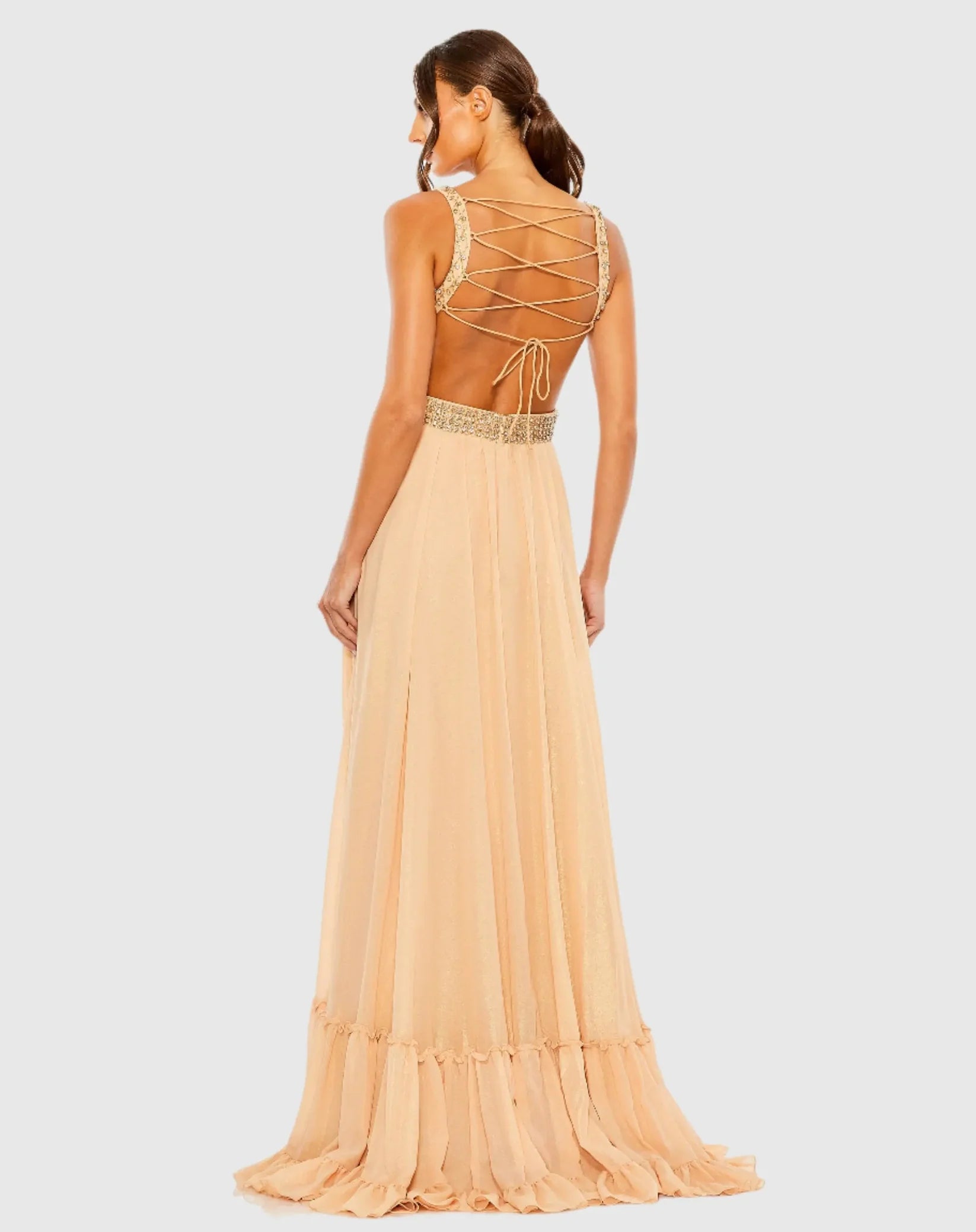 Lace Up Rhinestone Embellished Cut Out Gown - Gold