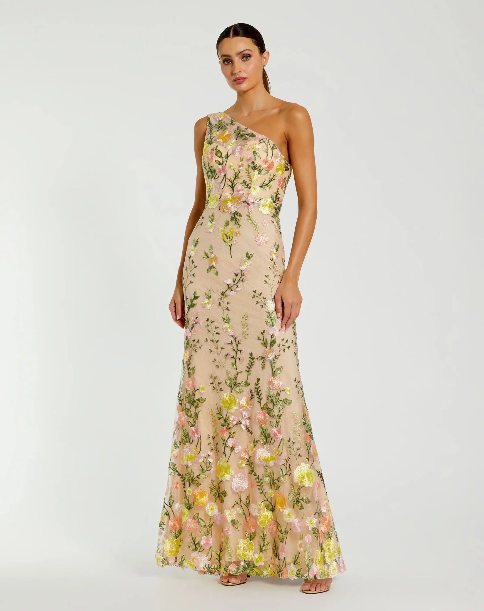 Mac Duggal Beige One Shoulder Floral Embroidered Gown Yellow Multi #68606