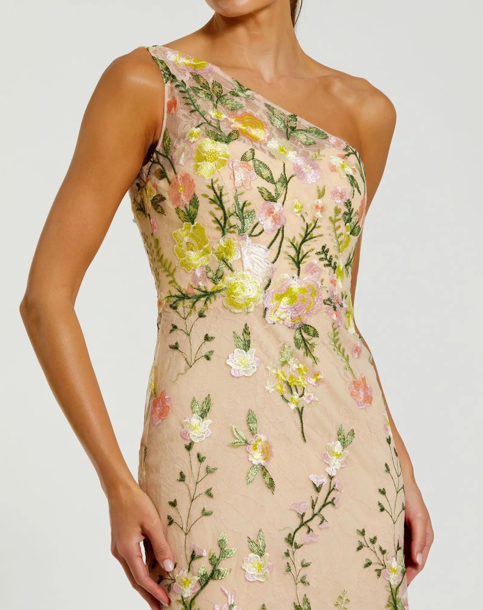 One Shoulder Floral Embroidered Gown - Yellow