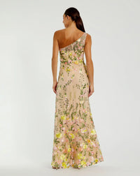 One Shoulder Floral Embroidered Gown - Yellow