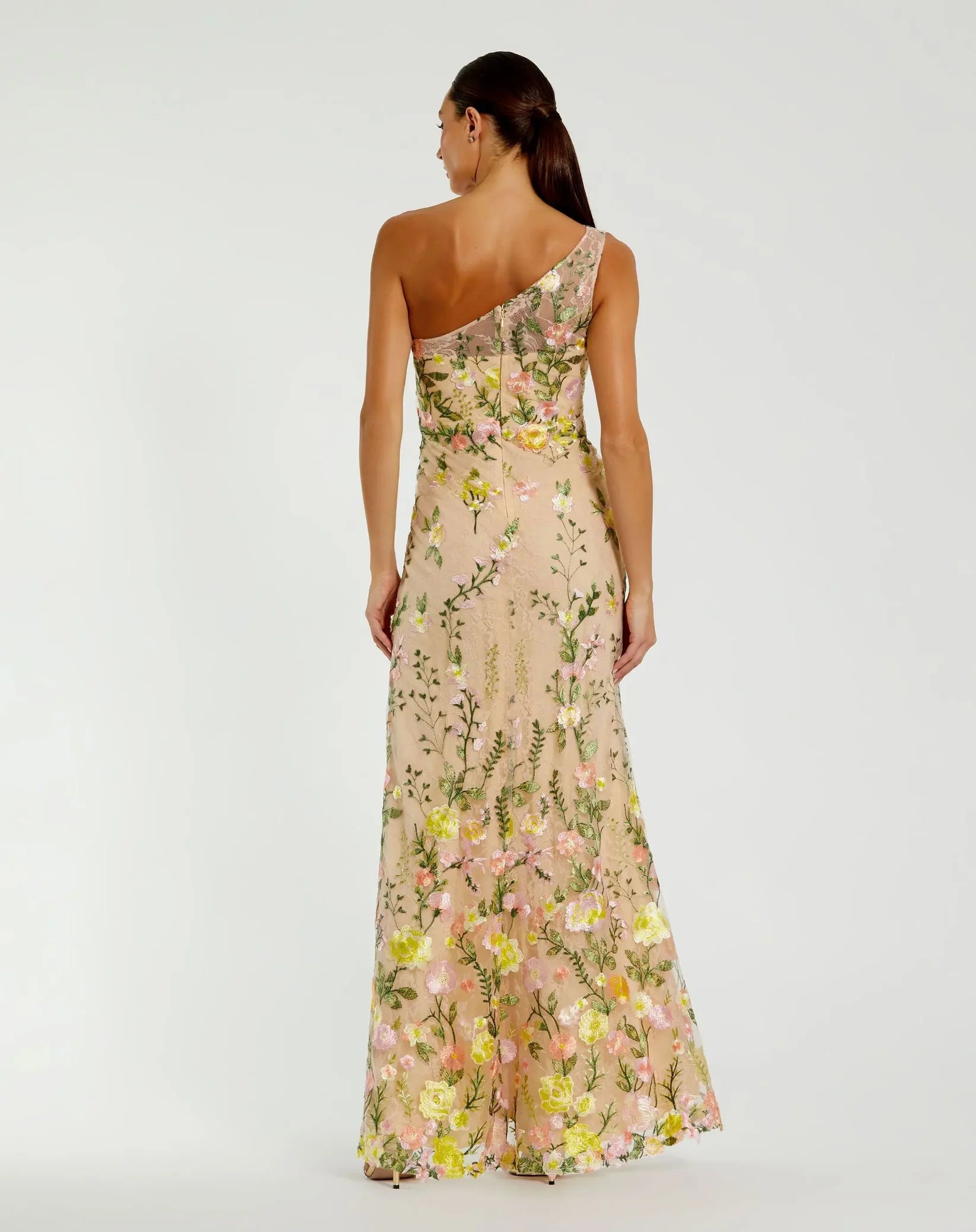 One Shoulder Floral Embroidered Gown - Yellow