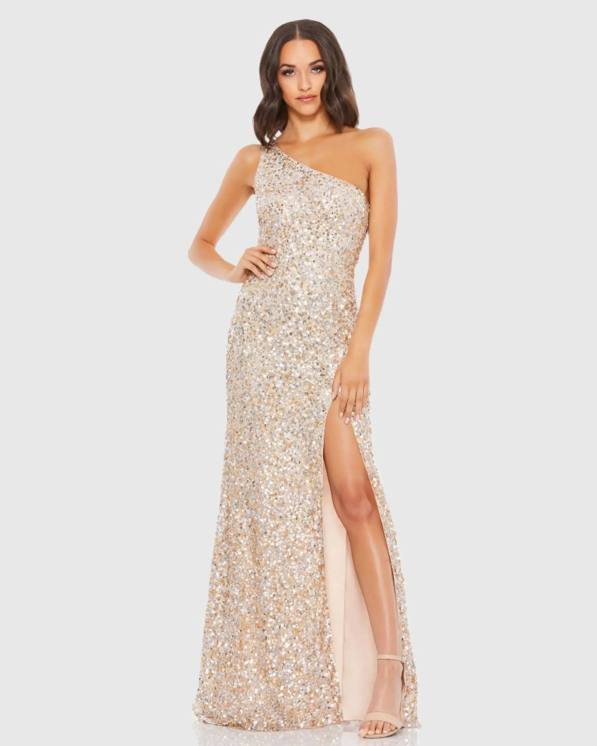 Mac Duggal Beige Sequin One Shoulder Gown With Slit #10729 Nude