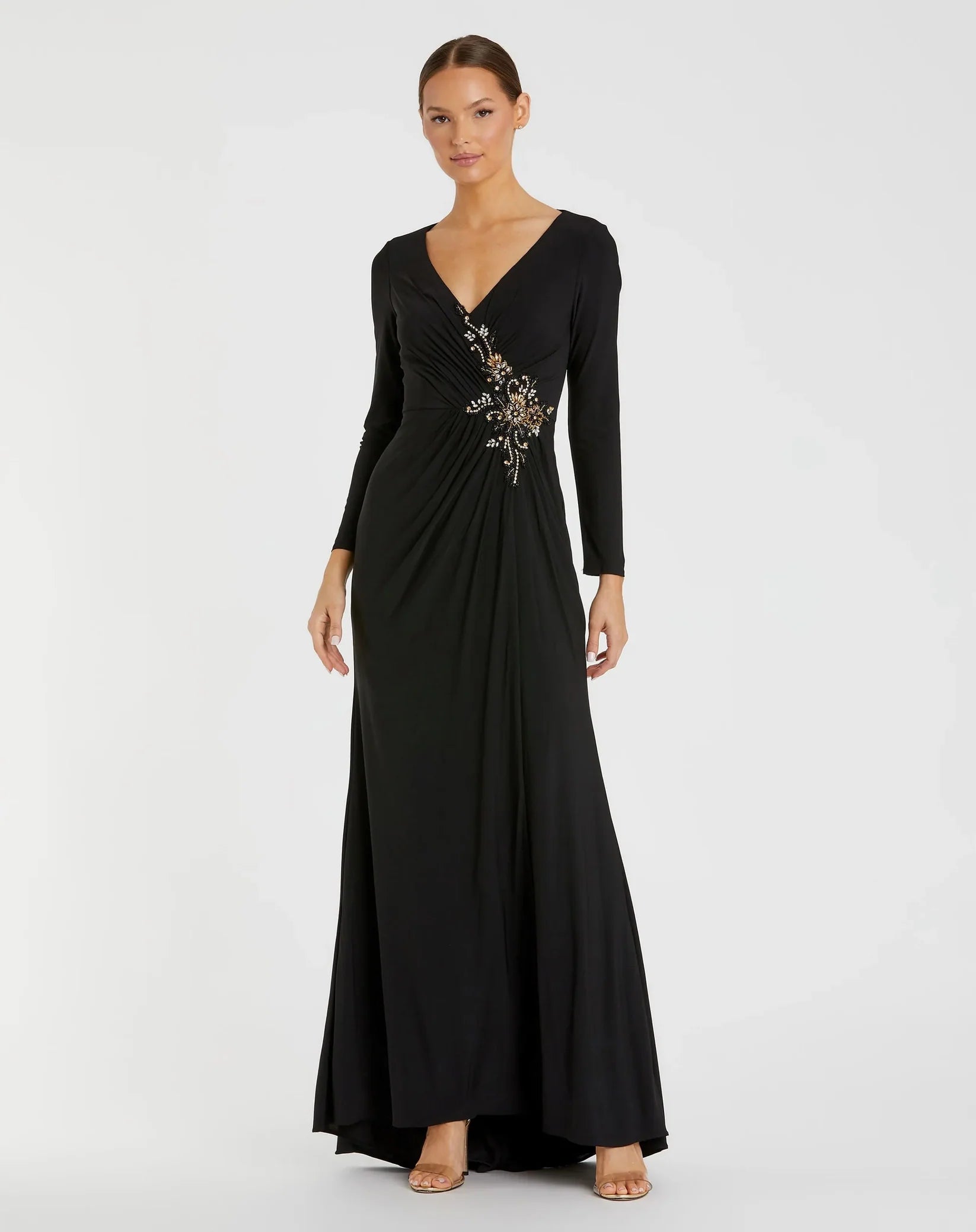 Mac Duggal Faux Wrap Long Sleeve Gown w/ Appliqué Detail #67848 Black