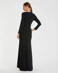 Faux Wrap Long Sleeve Gown w/ Appliqué Detail - Berry
