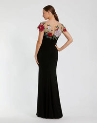 Floral Jersey Column Gown - Black