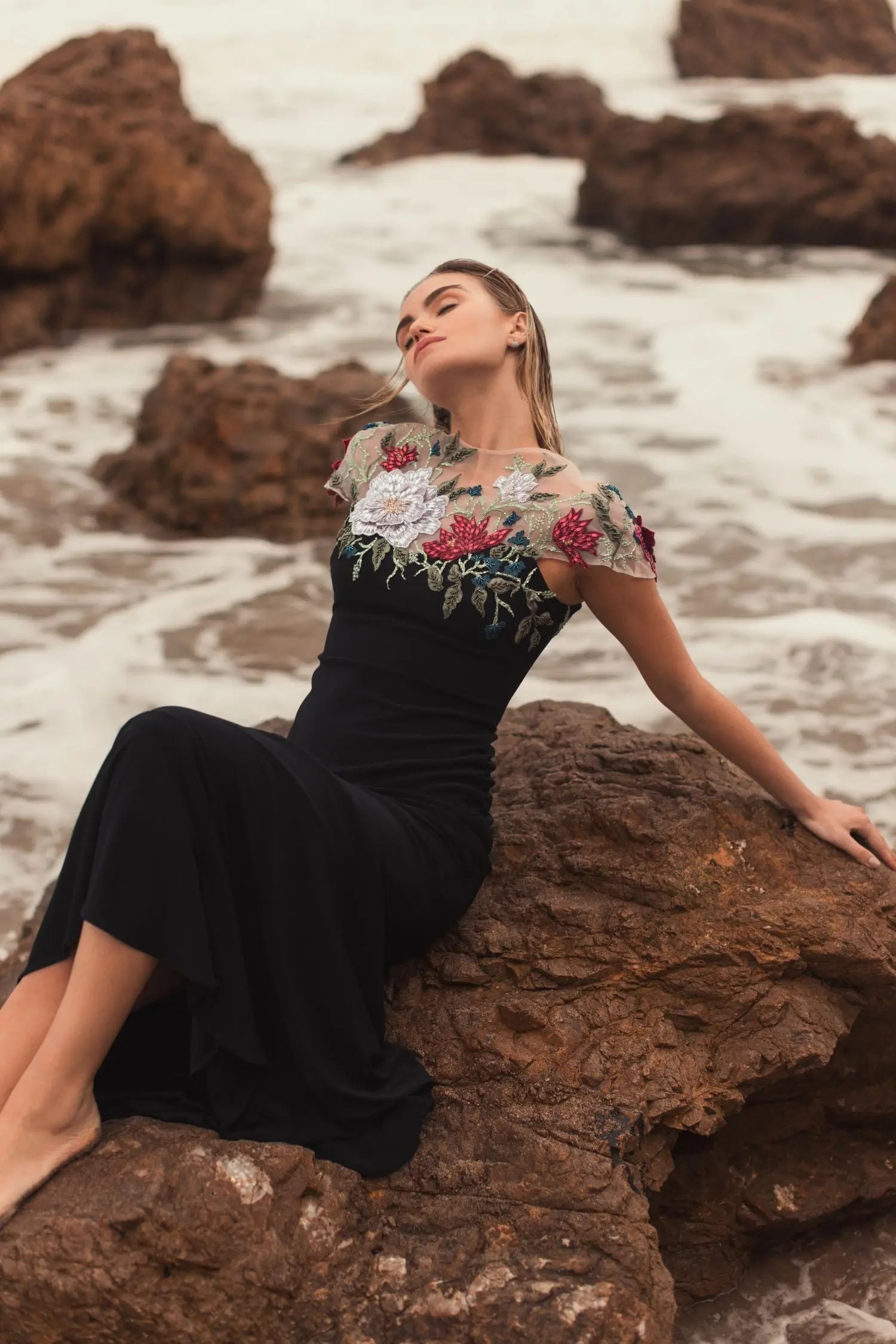 Floral Jersey Column Gown - Black