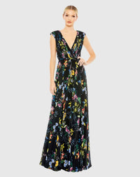 Mac Duggal Black Multicolor Pleated Floral Cap Sleeve A Line Gown #55829