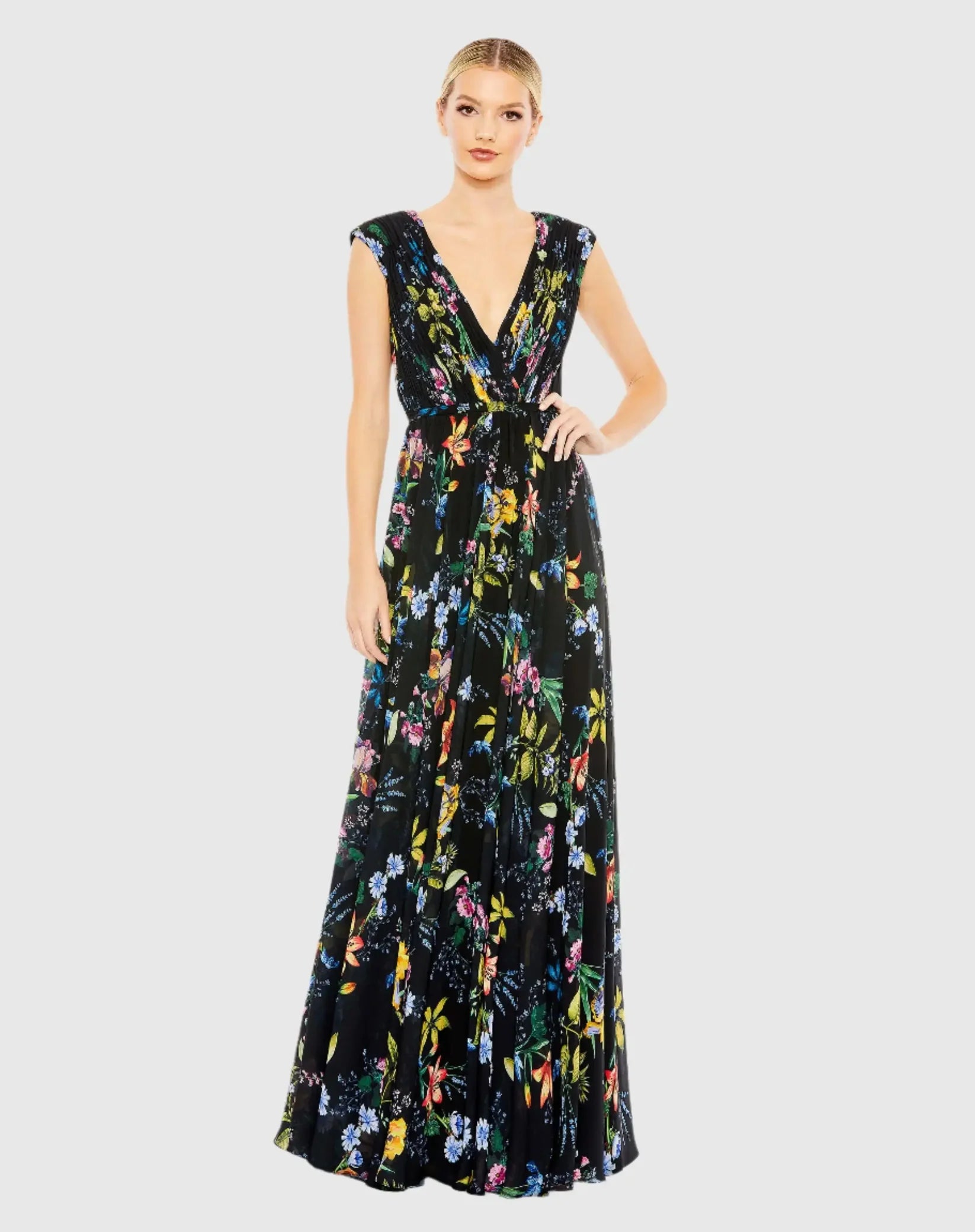 Mac Duggal Black Multicolor Pleated Floral Cap Sleeve A Line Gown #55829